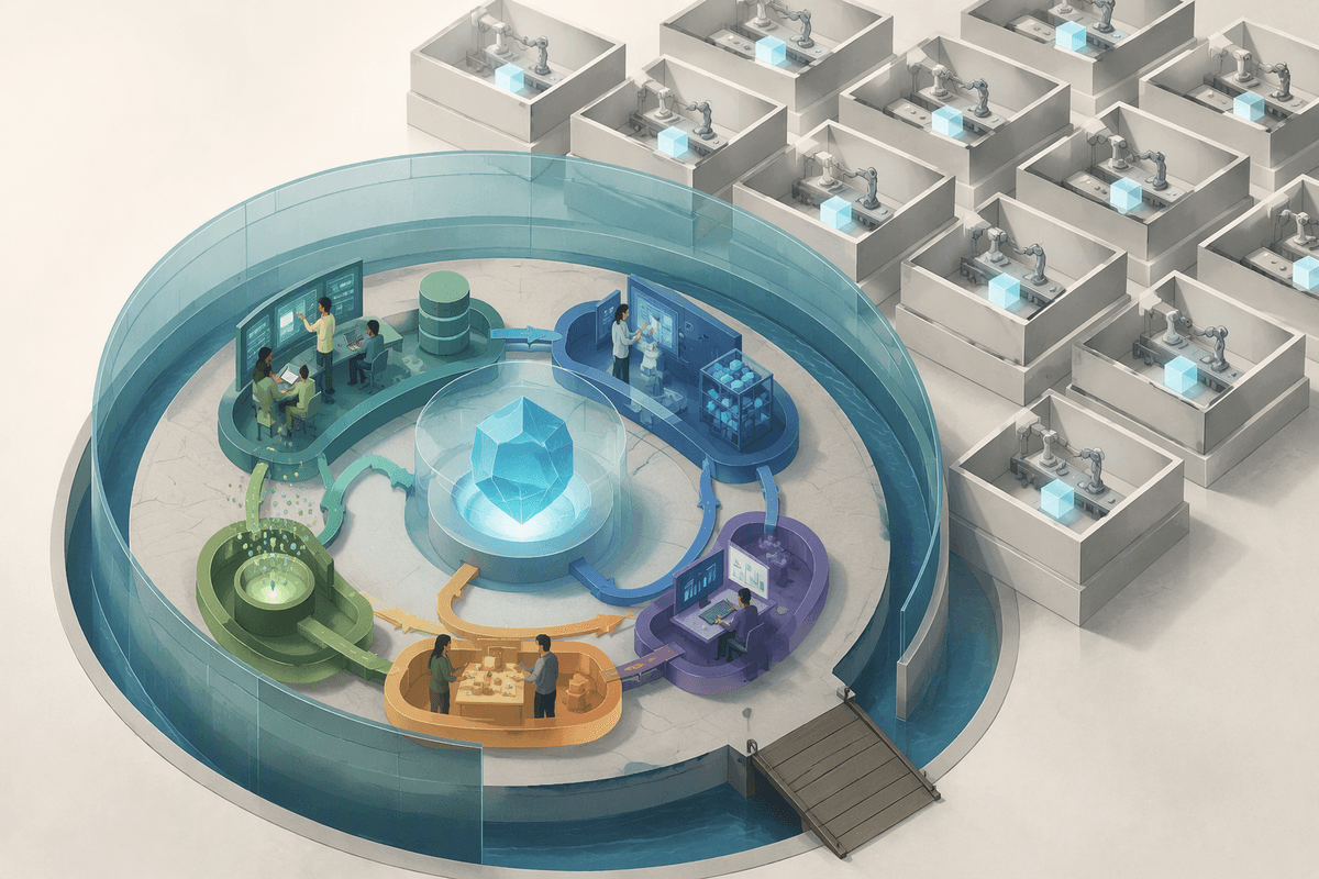 Editorial illustration for Building Advantage Through Proprietary Workflows in When Every Company Becomes an AI Company: Differentiation in a Commodity Model Era.